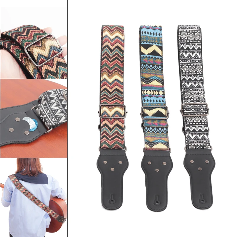 

Adjustable Guitar Strap Vintage Flowers Stripes Bohemia Style Guitar Bass Belt with Woven Embroidery Fabrics