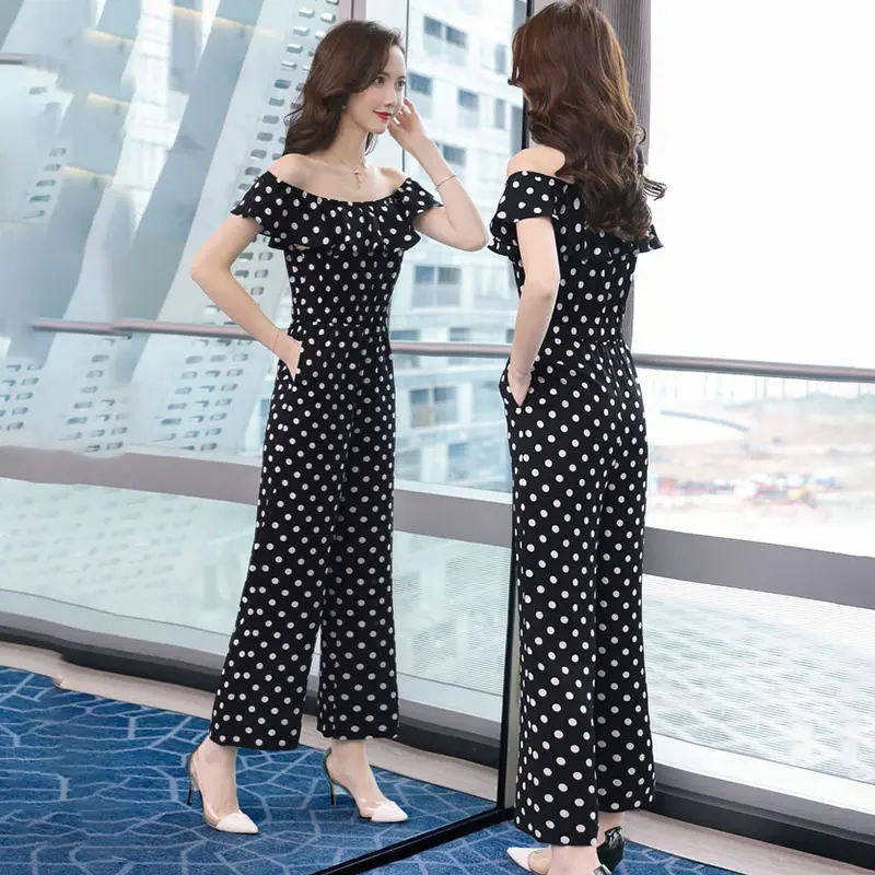 

Women 2022 Summer New Loose Full Length Pants Straight Jumpsuit Female Casual Romper Ladies Polka Dot Chiffon Jumpsuit M03