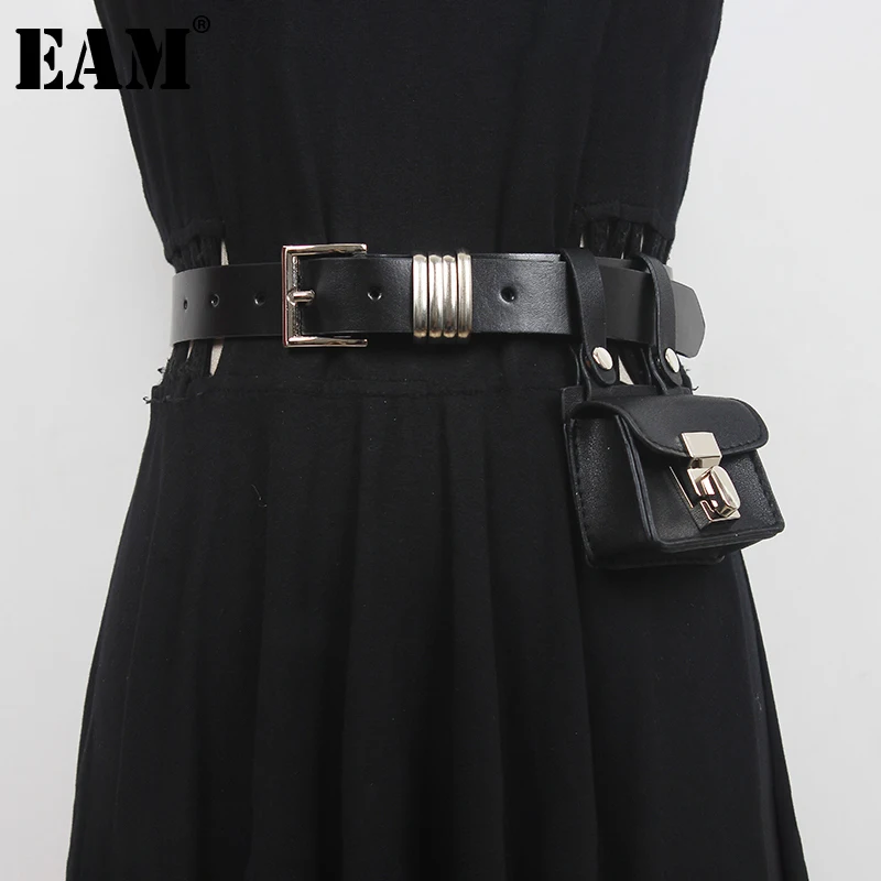 [EAM]  Pu Leather Buckle Black Mini-bag Long Wide Belt Personality Women New Fashion Tide All-match Spring Autumn 2023 1DF1277