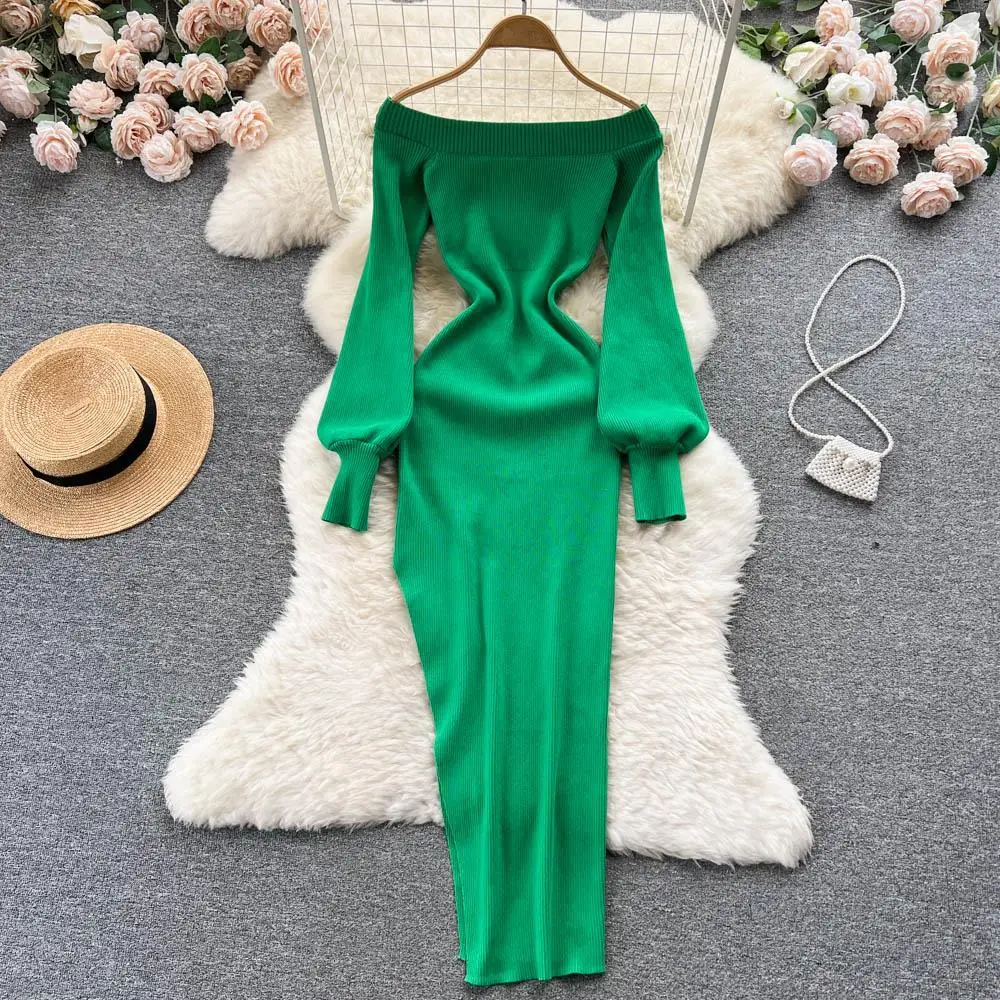 

Long Sleeve Elegant Tight Knit Maxi Dress Women Autumn Winter Solid Color V Neck Sweet Korean Vintage Long Sweater Dresses 2022