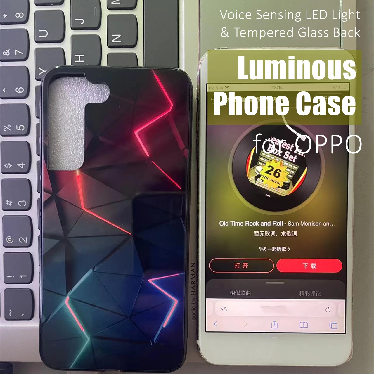 

Fashion Geometric LED Light Glowing Luminous Tempered Glass Phone Case for OPPO Reno 4 5 6 7 8 9 Find X5 Realme X50 Pro Plus SE