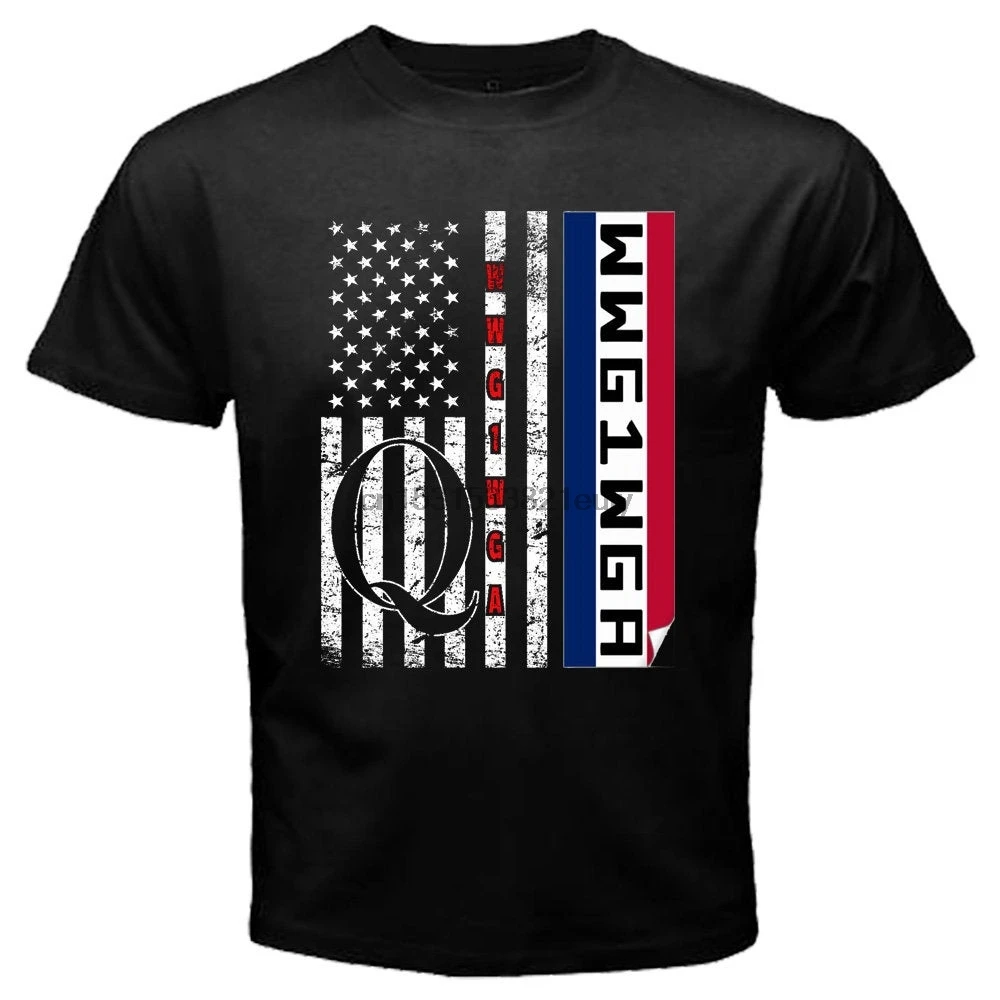 

We Are Q WWG1WGA Where We Go One We Go All American Flag Trump 2020 Republican inspired Logo Qanon Mens Black Tee Shirt T shirt