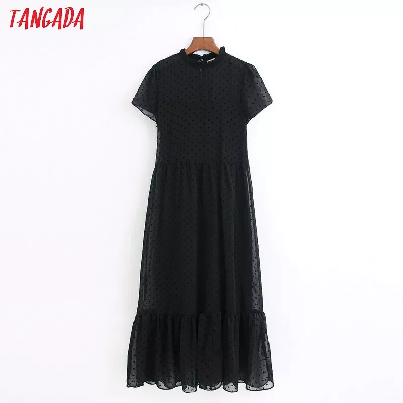 

Tangada 2021 fashion women dots black dress ruffles collar short Sleeve Ladies elegant midi Dress Vestidos 6Z38