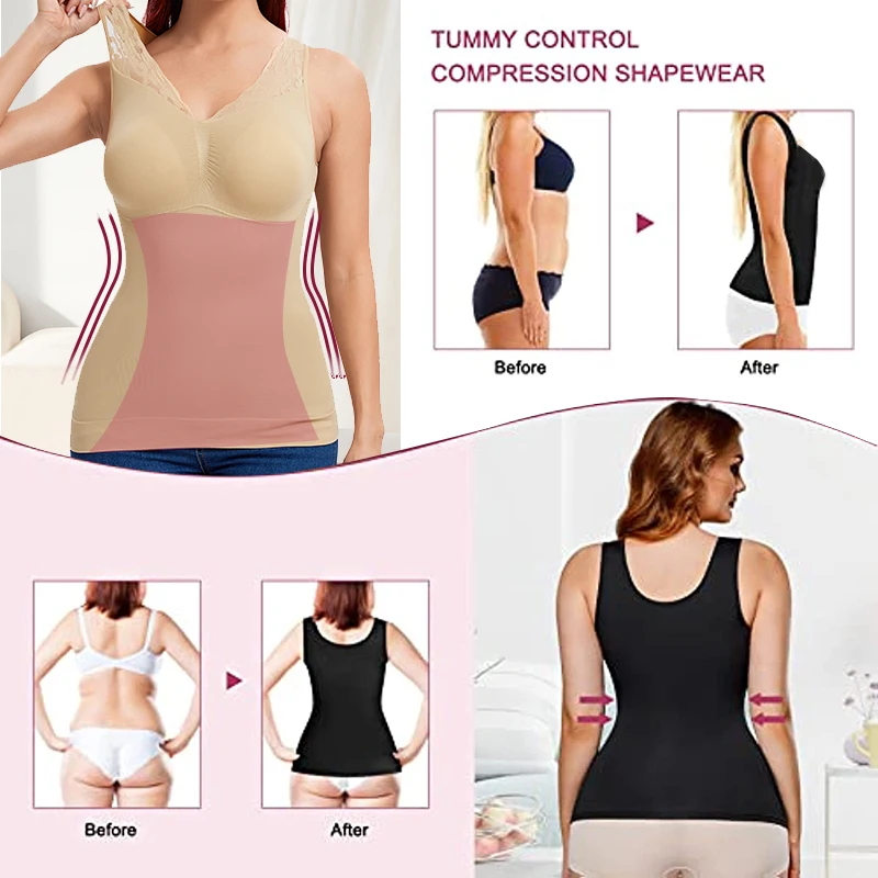 Invisible Shapewear Cami Bodysuit for Women Tummy Control Chest Lifting Body Shaper Lace Camisole Tops Slim Underwear with Pads
