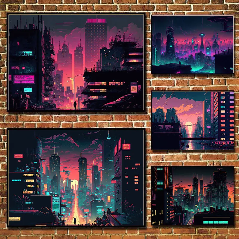 Постер города киберпанк высокие здания печать цветная Картина на холсте