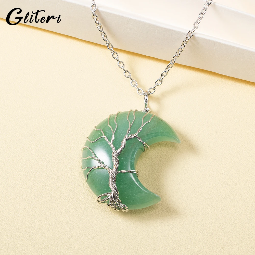 

GEITERI 2023 Crystal Moon Necklaces For Women Girls Natural Winding Green Stones Pendant Choker Jewelry Family Party Gifts New