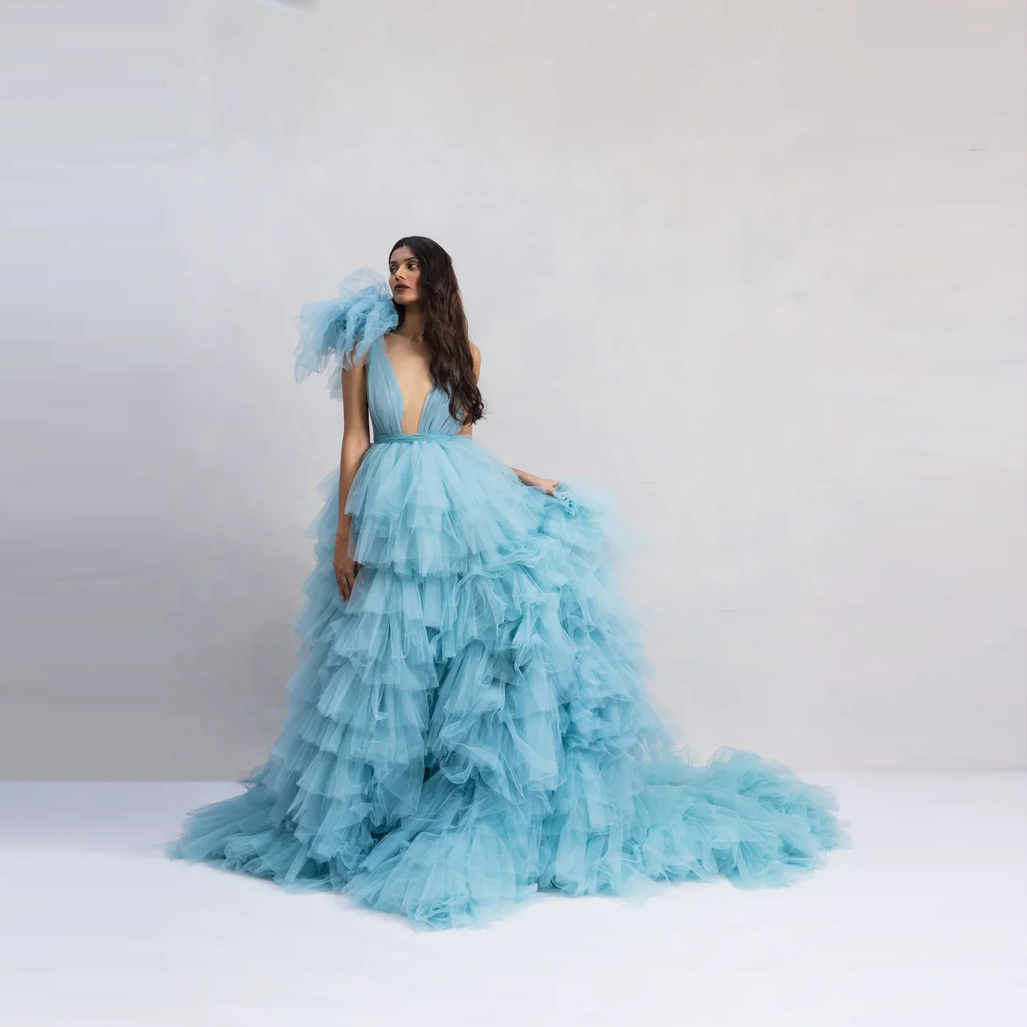 Бледно-бирюзовое Пышное Платье-макси для свадьбы Тюлевое платье с поясом и