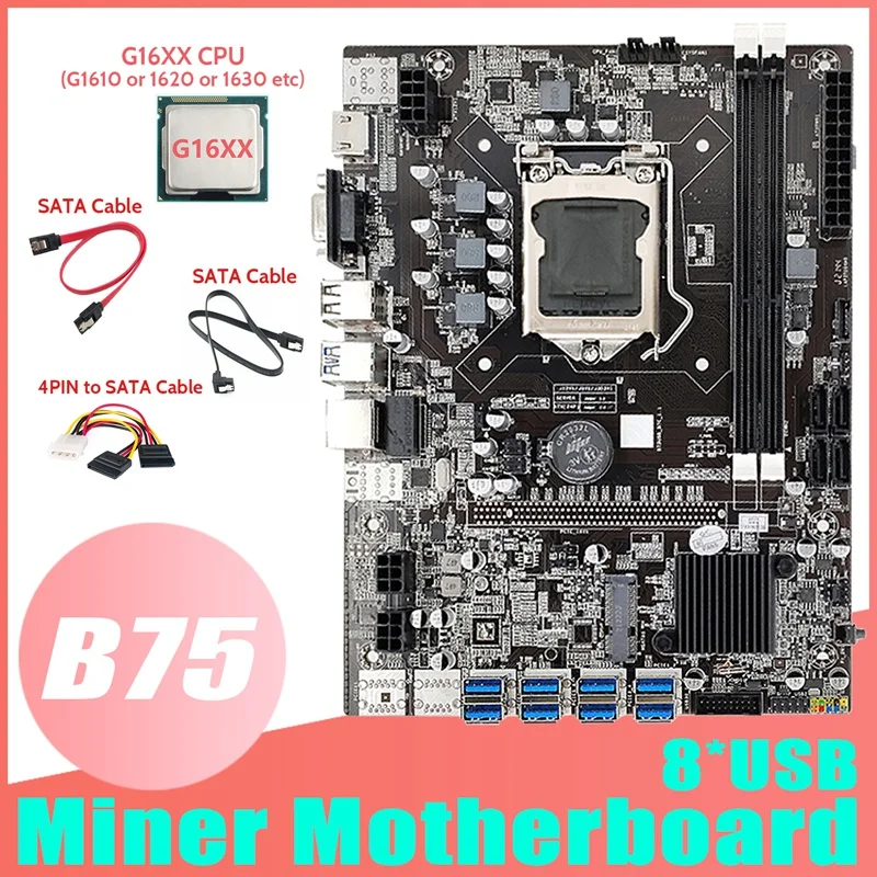 B75 ETH Mining Motherboard 8XUSB Adapter+G16XX CPU+2XSATA Cable+4PIN To SATA Cable LGA1155 B75 USB Miner Motherboard