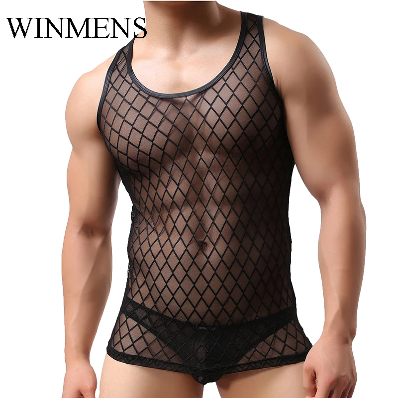 Men's Sleeveless Undershirt See Through Diamond Mesh Vest Summer Breathable V-neck Singlet  Sheer Fishnet Gay Slimming Shirts