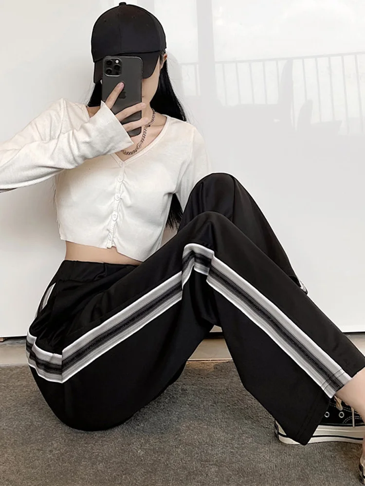 

Корейские спортивные штаны, джоггеры, женские черные брюки для отдыха, свободные брюки с широкими штанинами и боковыми полосками, прямые же...