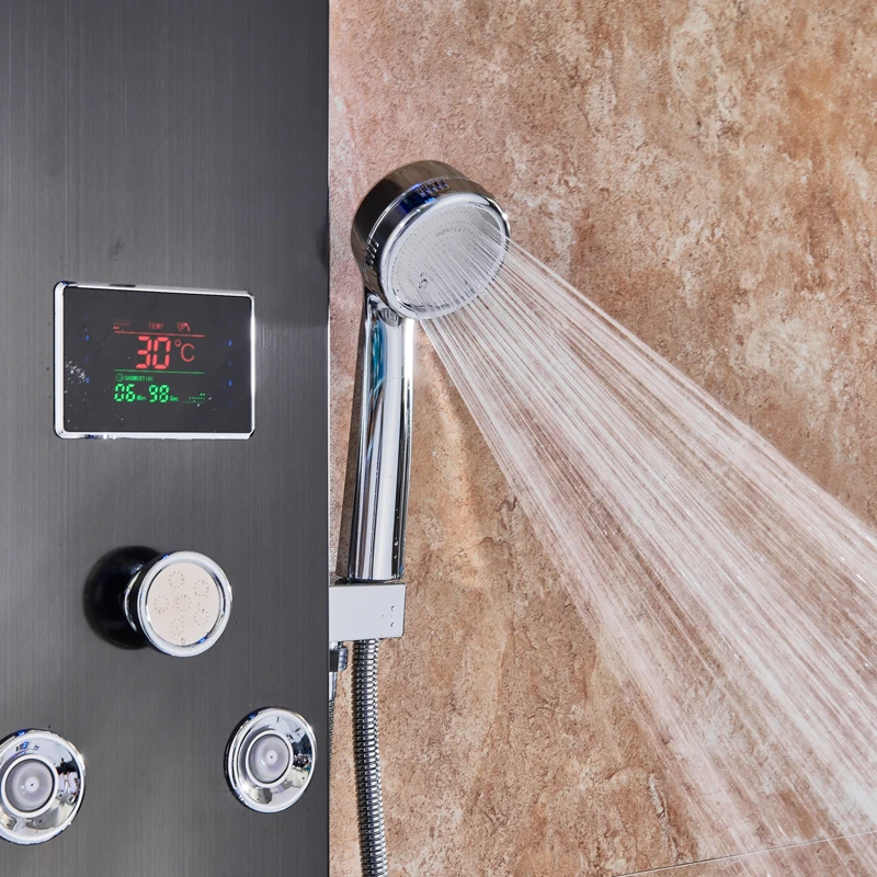 

LED Light Shower Faucet Bathroom Waterfall Rain Black Shower Panel In Wall Shower System with Spa Massage Sprayer and Bidet Tap