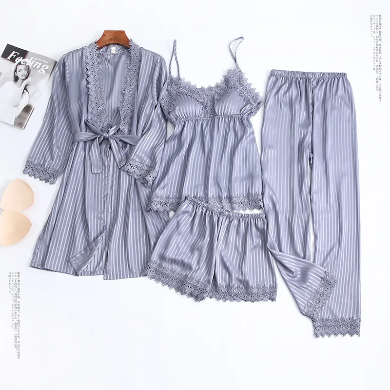 

4PCS Short Robe Sets Sexy Lace Kimono Gown Satin Nightwear Cardigan Pyjamas Suits Strap Nighty Intimate Bathrobe Summer Homewear