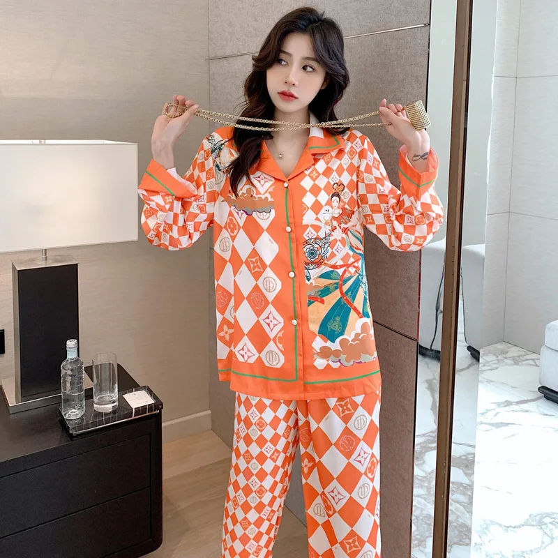 Pajamas Women's Ice Silk Long Sleeve Printed Home Fur Spring and Autumn Thin Imitation Silk Large Set