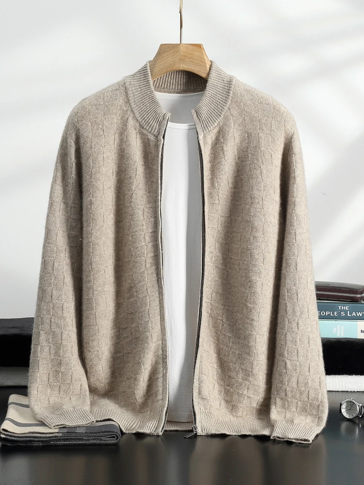 100% кашемир мужской вязаный свитер на молнии клетчатый кардиган с