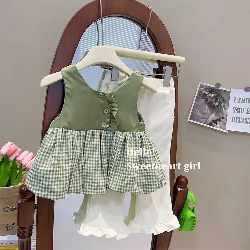 

Блузка без рукавов с оборками, клетчатые расклешенные брюки, Зеленые комплекты из 2 предметов, Дизайнерские комплекты одежды для девочек 18 м...