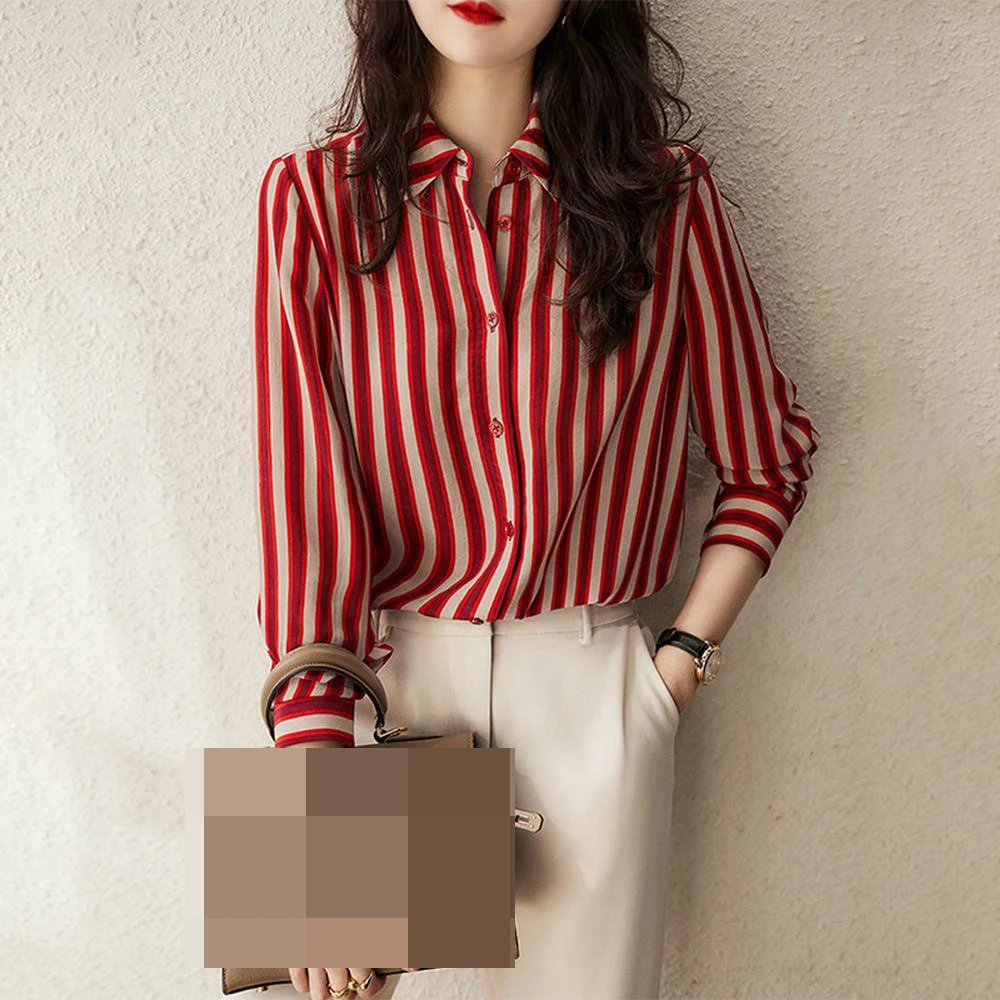 

Classic niche fashion silk striped long-sleeved women's shirt women blouse Turn-down Collar Regular striped tops