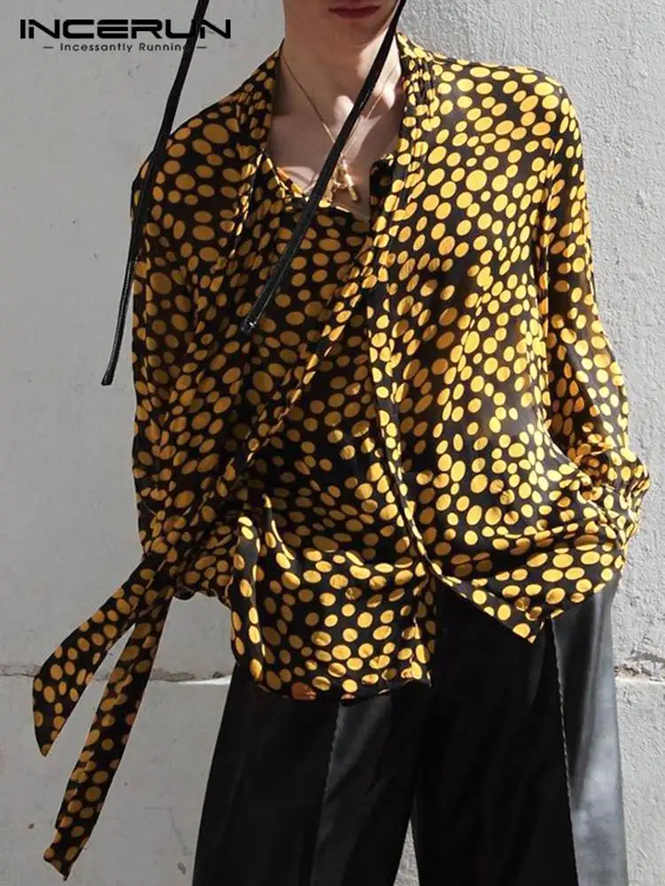 

Модная мужская рубашка INCERUN в горошек, со шнуровкой и длинным рукавом, свободная модель 2022, Мужская Уличная одежда, Осенние повседневные руб...