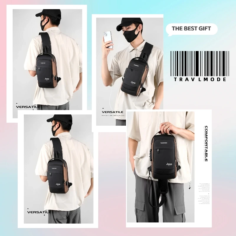 JEEP BULUO Brand High Quality Men USB Crossbody Shoulder Bags Chest Sling Safety Lock Male Anti-theft Fashion Travel Pack