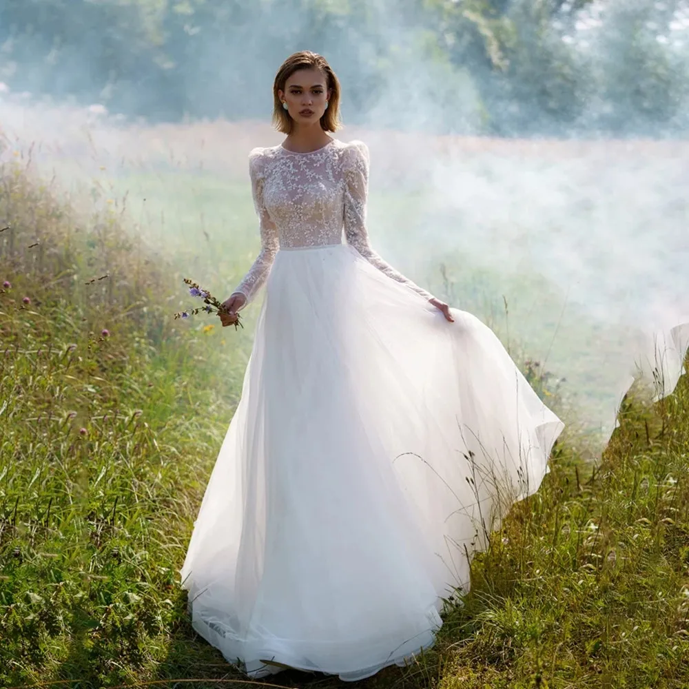 

Boho O Neck Long Sleeves Wedding Dresses Lace Appliques Women A Line Robe De Mariee Sweep Train Bride Gowns свадебное платье