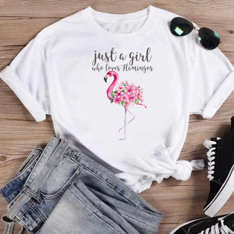 

Women Print Fashion Summer O-neck T-shirts Shirt Female Flamingo Sweet Beach Graphic T Top Short Sleeve Cartoon Tee T-Shirt