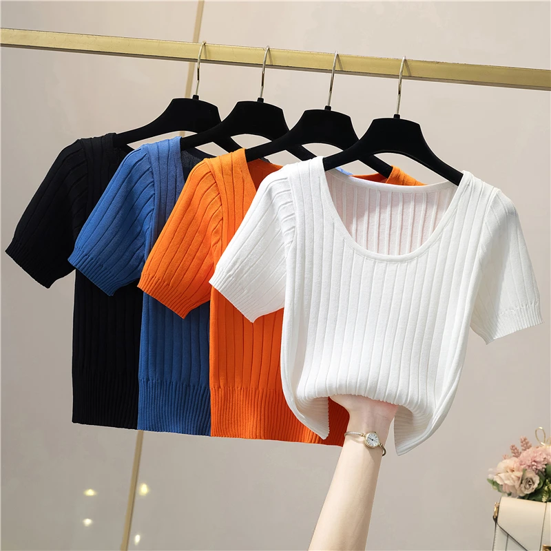 Y2k Cropped Tank Tops For Girls White Blouses T-shirts Knit Black T Shirts Korean Summer Streetwear Women Tees Blue Clothing