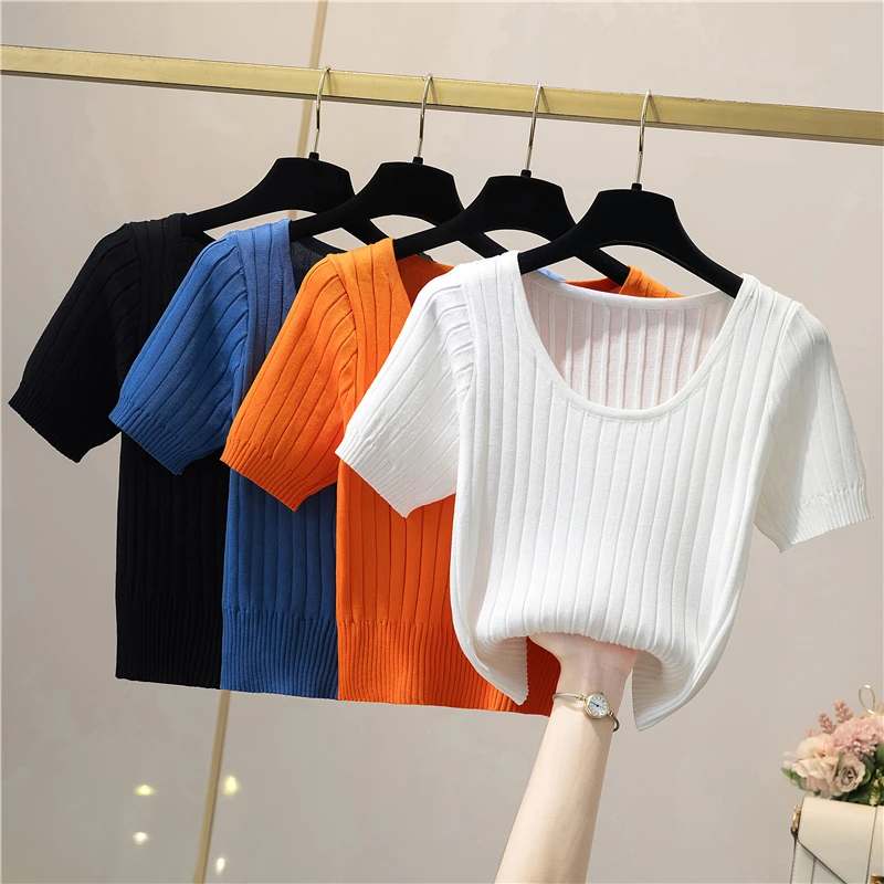 

Y2k Cropped Tank Tops For Girls White Blouses T-shirts Knit Black T Shirts Korean Summer Streetwear Women Tees Blue Clothing