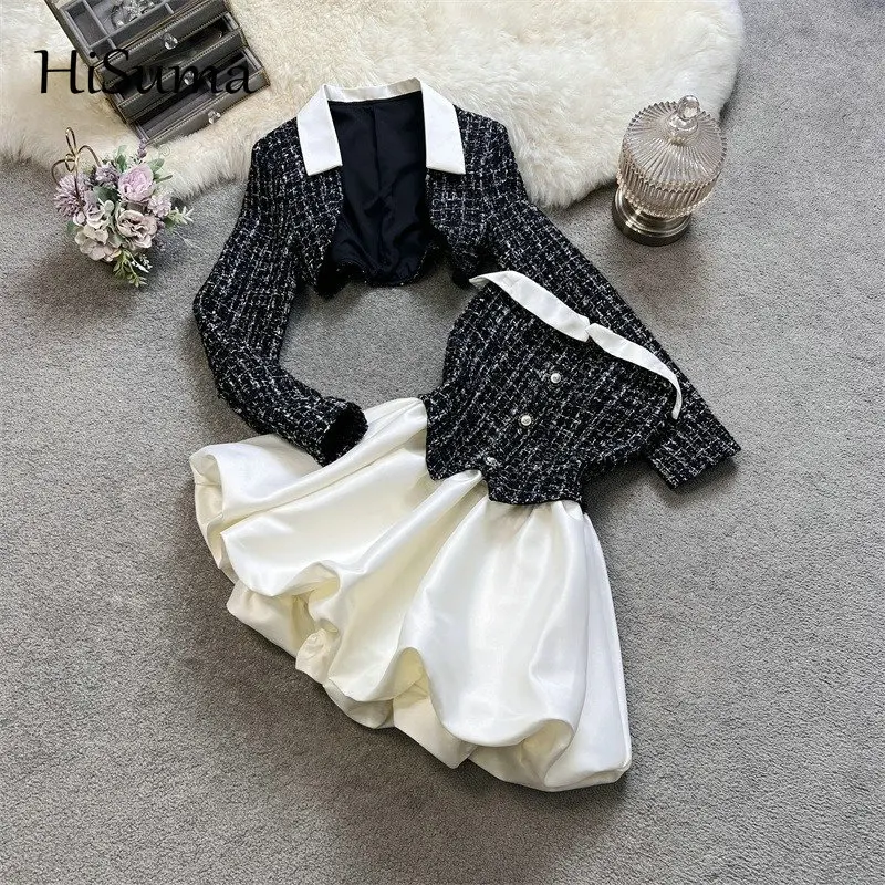 

Новинка Зима 2023, женский шерстяной короткий пиджак с длинным рукавом + атласный блестящий комплект из двух предметов без бретелек