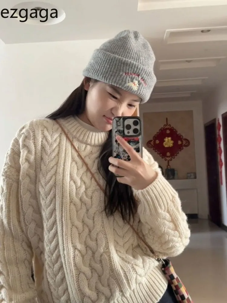 Ezgaga вязаный свитер женский винтажный с круглым вырезом милый свободный