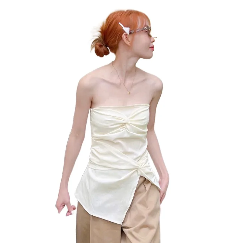 

European And American Women's 2023 Summer New Off Shoulder Wrapped Chest Twisted Mesh Red Spicy Girl Top