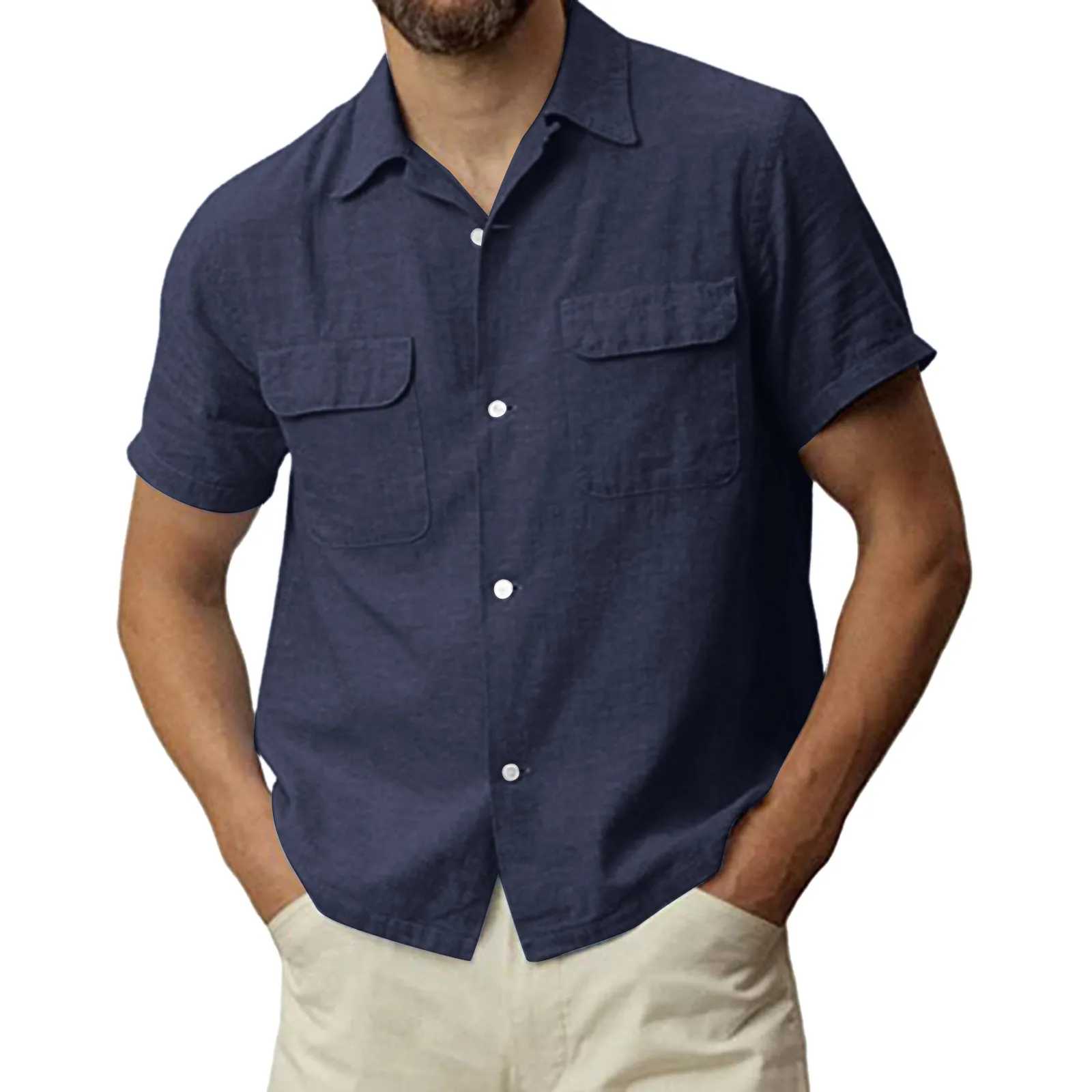 

Casual Double Pocket Design Men Shirts Button Short Sleeve Summer Shirts Turn-Down Collar Male Blouse