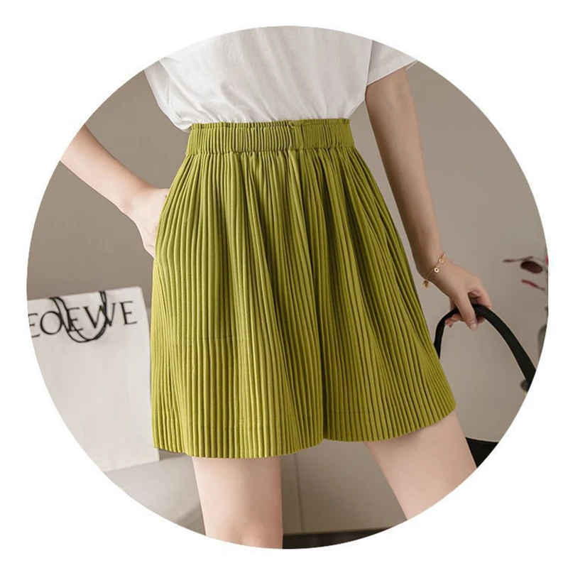 Women's Pleated Shorts Summer Casual High Waist Five-point Pants Ladies Ice Silk Wide-leg Pants Loose Thin Girls Tide Skirt