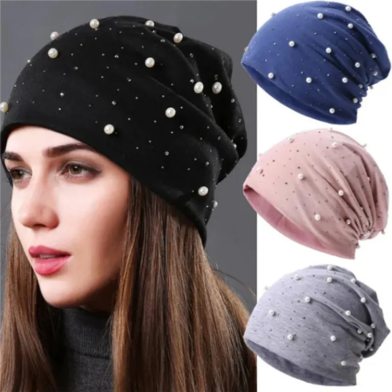 

Soft Autumn Spring Beanie Hats Women Girls Pearl Rhinestones Warm Skullies Caps Turban Female Ladies Bonnet Hat