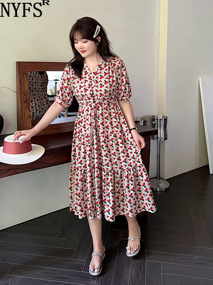 

NYFS 2023 Summer New Korea Woman Dress Vestidos Robe Elbise Loose Plus Size Print V neck high Waist Short Sleeve Long Dresses