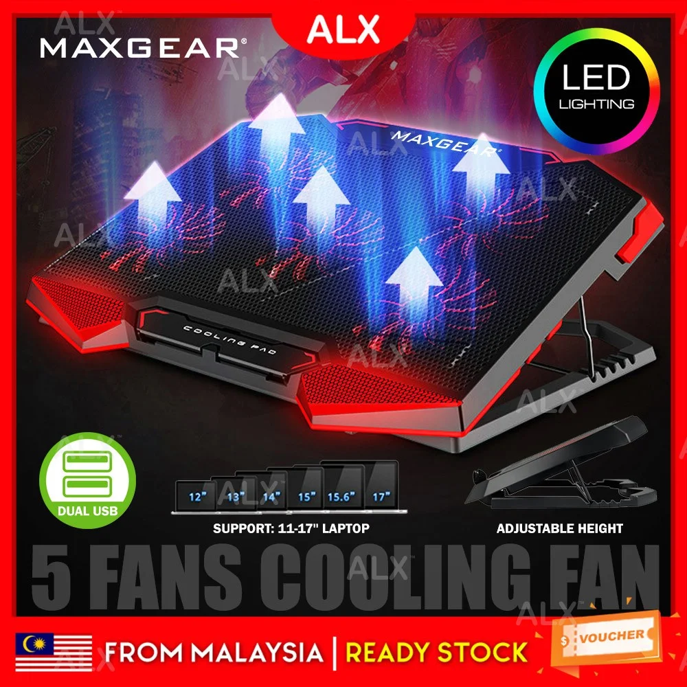 

ALX ORI MAXGEAR 5X STRONG FAN LED 2 USB 12-17" Laptop Cooler Fan Laptop Stand Cooling Pad 5 Fan Laptop Fan