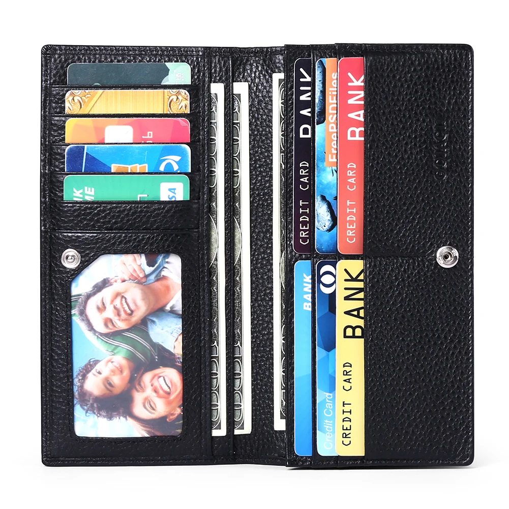 Genuine Leather Long Women Thin Wallets Large Capacity Female Coin Purses Hasp Clutch ID Credit Multi-Card Holder Money Bag Clip