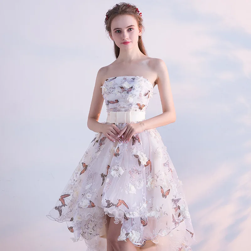 Butterfly 3D Flowers Floral Homecoming Dresses Short Front Long Back Strapless Bridesmaid Dresses Wedding Party Prom Dresses