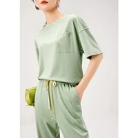 casual suit fashion high quality design 2022 summer 2 piece set solid t shirtpants green black o neck pullover elastic waist