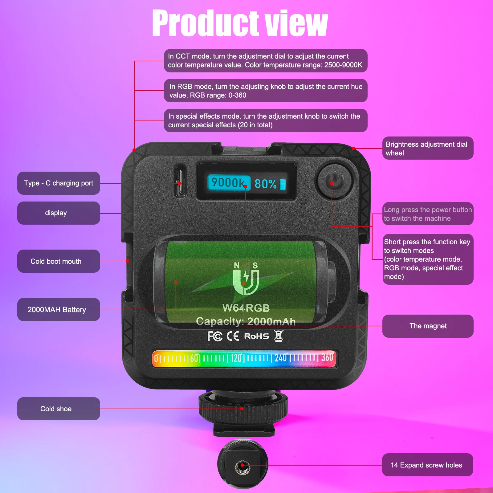 Светодиодный RGB-светильник W64 2500K-9000K с регулируемой яркостью 20 эффектов