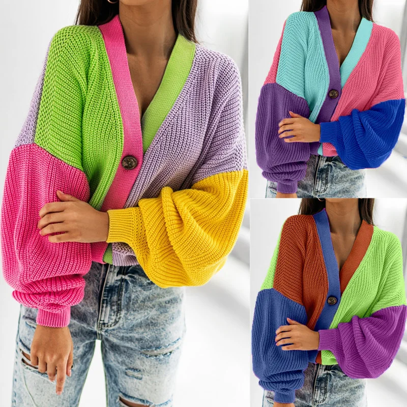 

2022 Autumn Winter New Fashion Colorblock Bright V-Neck Wool Casual Long Sleeve Cardigan Female Jackets Western Style
