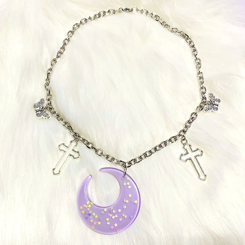 

Korean Fashion Jewelry Purple Moon Necklace Harajuku Aesthetic Cross Butterfly Necklace for Women Egirl Accessories Punk Choker