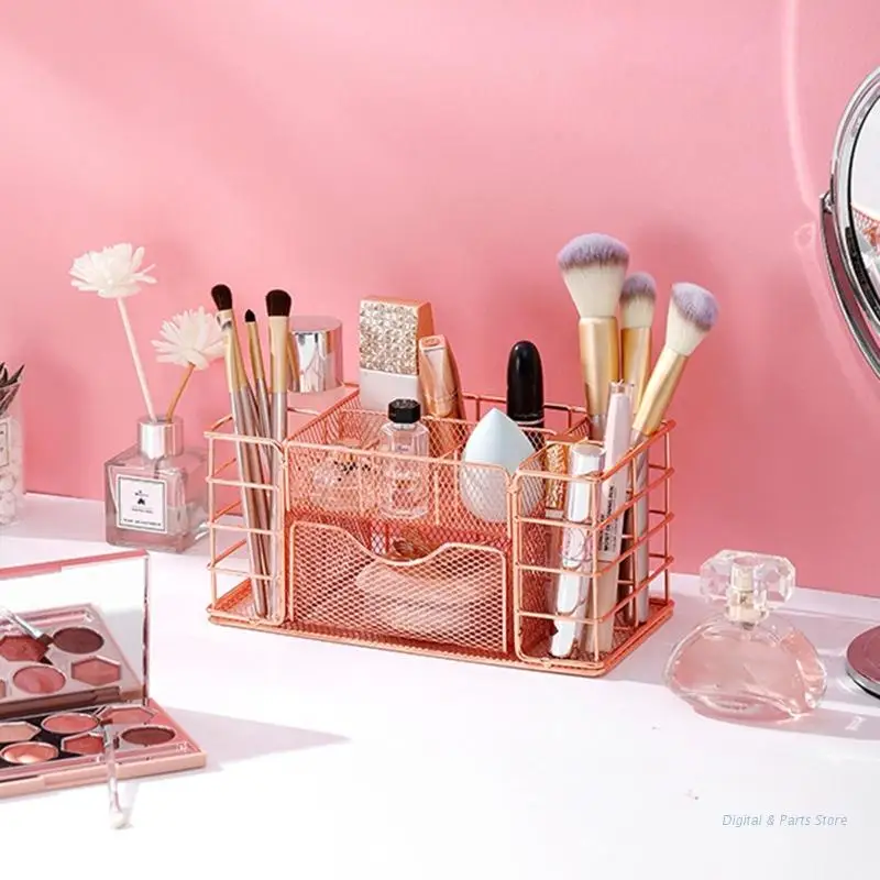 

M17F Mesh Desk Organizer Metal Pen Holder with Drawer Cosmetic Storage Holder Makeup Caddy 9 Compartments for Bedroom Vanity