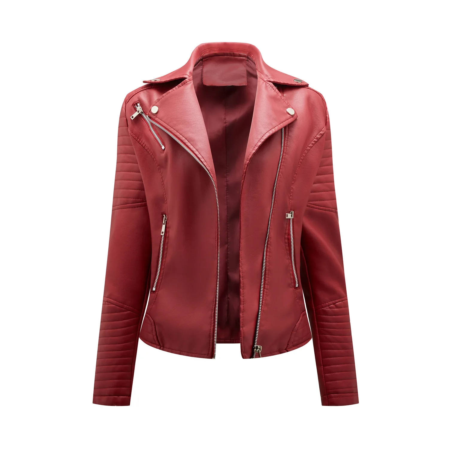 Fashionable spring autumn and winter short leather jacket women's European size slim lapel motorcycle suit inclined zipper jack