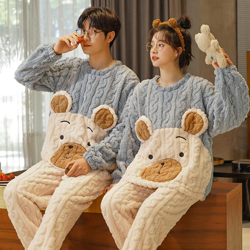 QUHENG Couples Pajamas Sets Women Men Winter Thicken Pyjamas Autumn Sleepwear Cartoon Lovers Homewear Soft Warm Rest Pijama