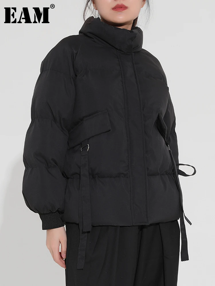 

[EAM] Drawstring Big Size Cotton-padded Coat Long Sleeve Loose Fit Women Parkas Fashion Tide New Autumn Winter 2023 ML526