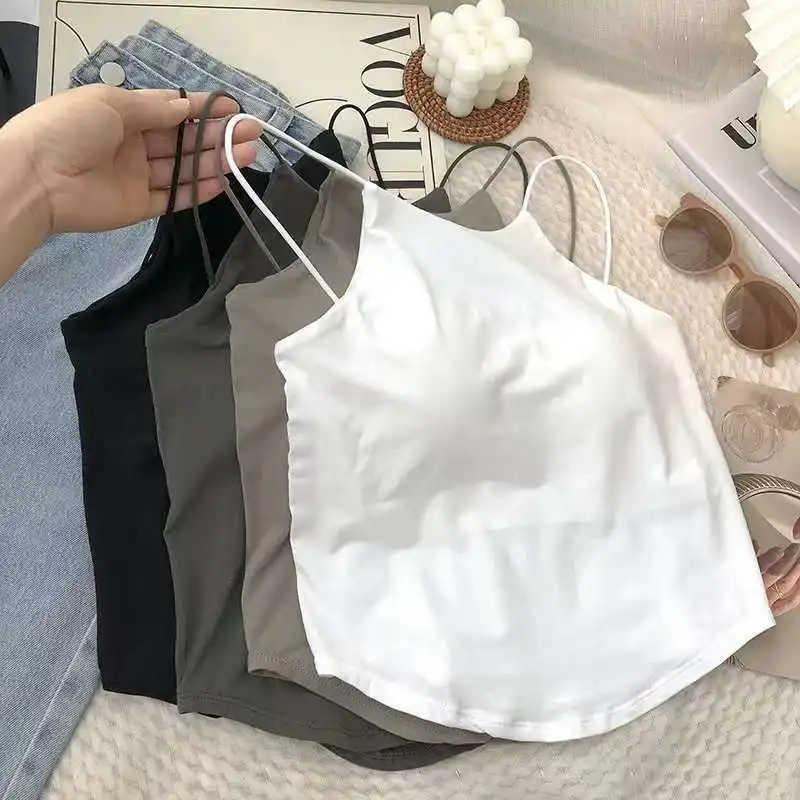 

Retro Irregular Crop Tanks Tops Summer Spaghetti Strap Vest Built-in Bras Women Outwear Underwear Chest Padded Sleeveless Shirts