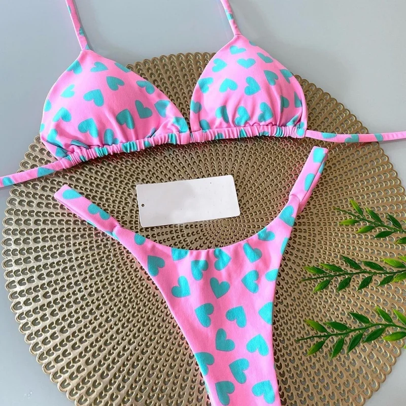 

Pink Swimwear Women Brazilian Bikini Cute Heart Print Swimsuit Sexy Thong Bikini Set 2022 Bathing Suits Women Beachwear