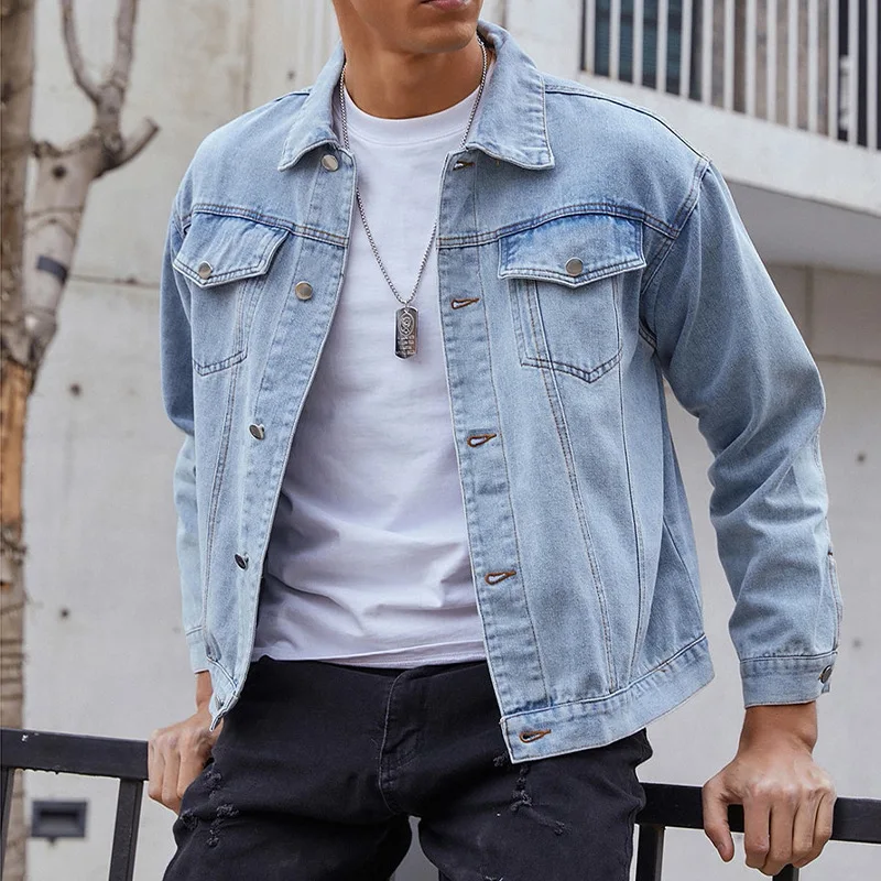 

2022 Men's Loose Autumn New Simple Solid Color Trendy Casual Polo Collar Denim Jacket