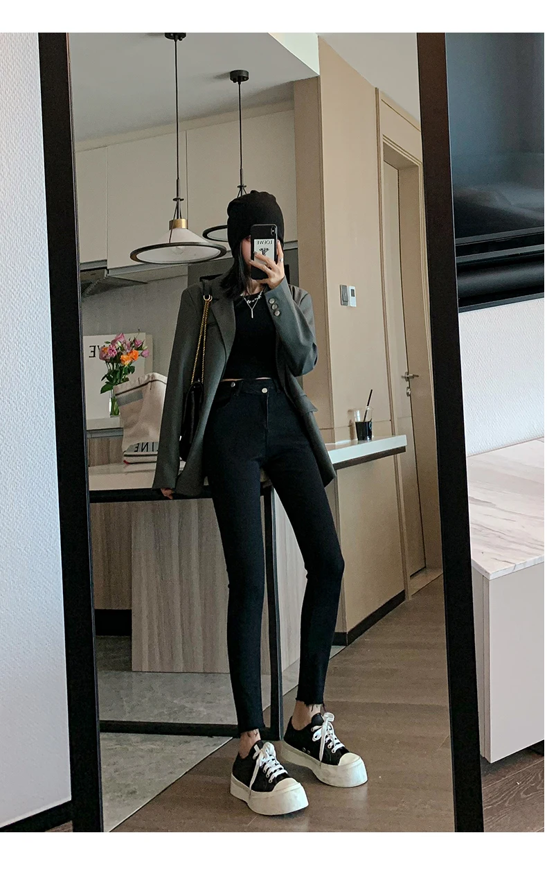N2687  Jeans women's nine-point high-waisted tight-fitting pencil trousers thin elastic long pants