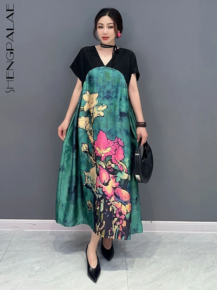 SHENGPALAE Fashion Women's Dress V-neck Short Sleeve Flower Loose Patchwork Contrast Color Dresses Female Summer 2023 New 5W3538