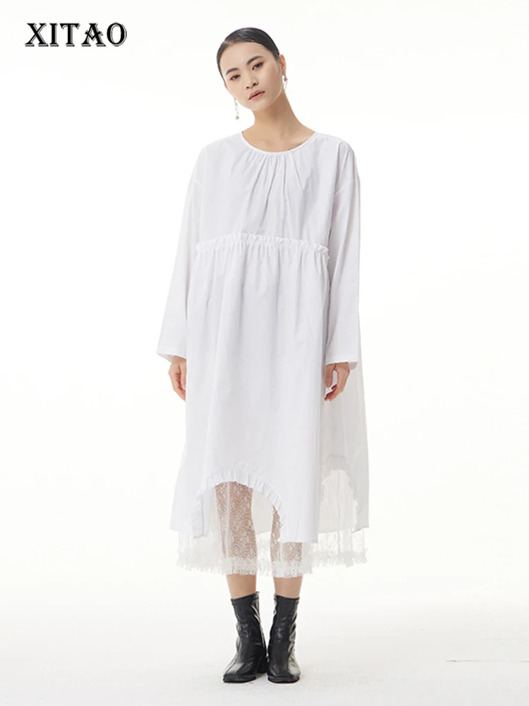 

XITAO Casual Solid Lace Dress Women Korea 2022 Summer New Arrival Personality Fashion Loose O-neck Full Sleeve Dress WLD6835